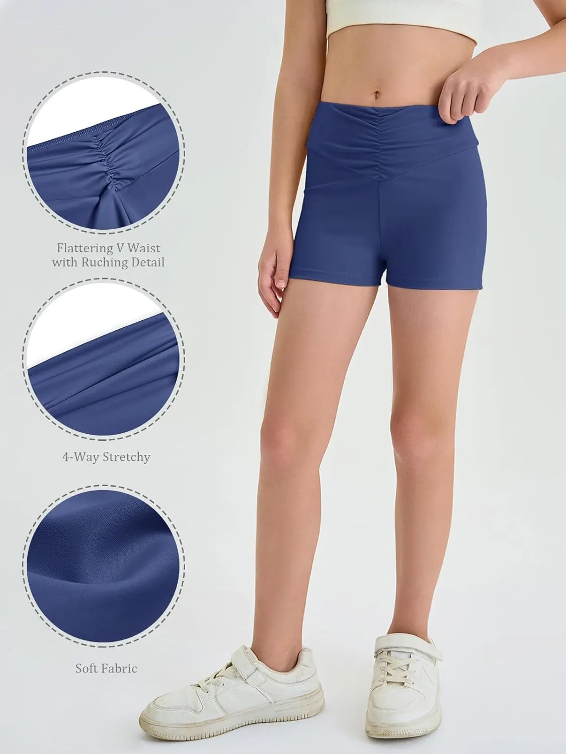 Haloumoning Girls Athletic Ruched V-Waist Shorts Kids Workout Yoga Dance Shorts Active Gymnastics Shorts