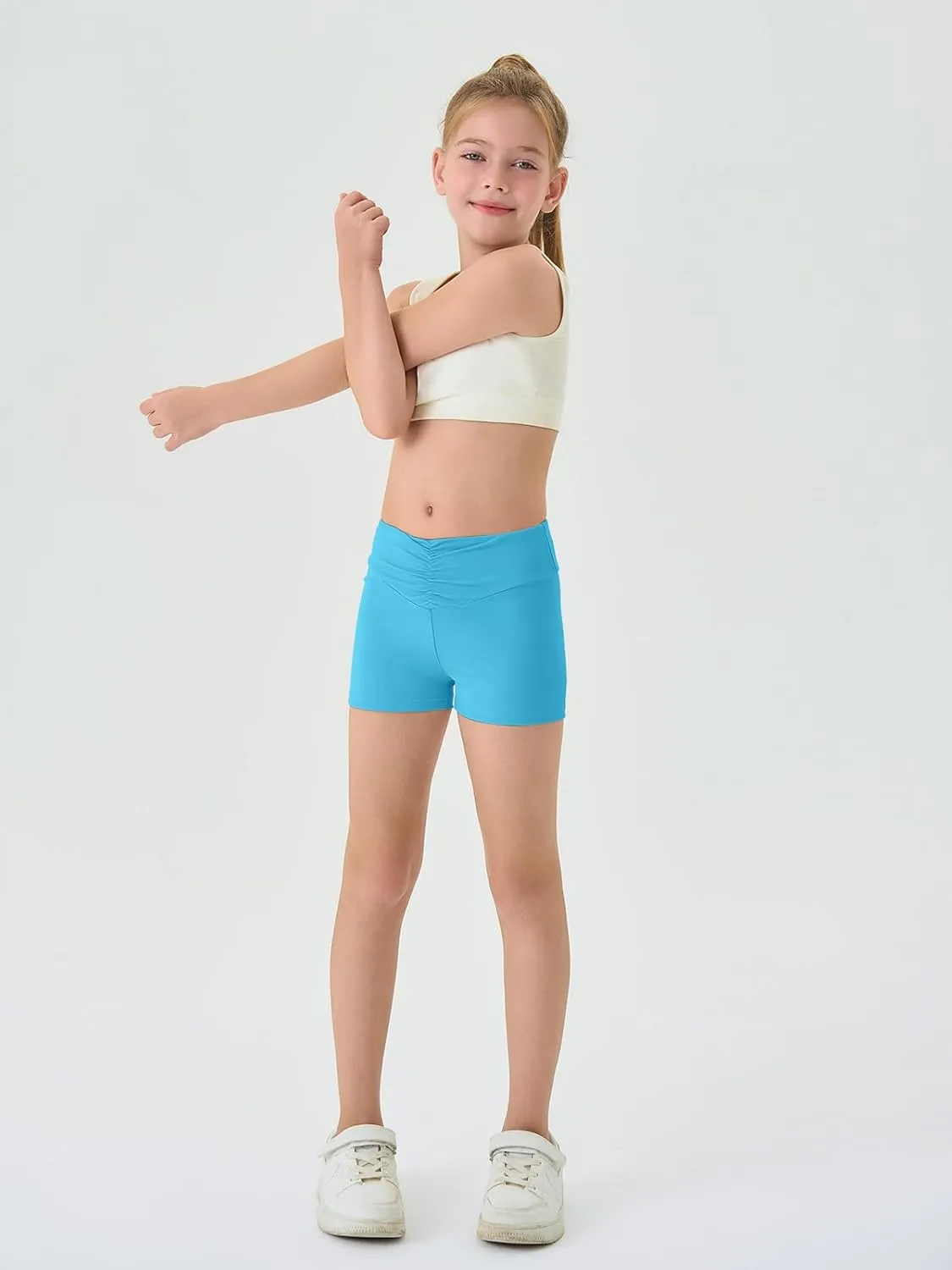 Haloumoning Girls Athletic Ruched V-Waist Shorts Kids Workout Yoga Dance Shorts Active Gymnastics Shorts