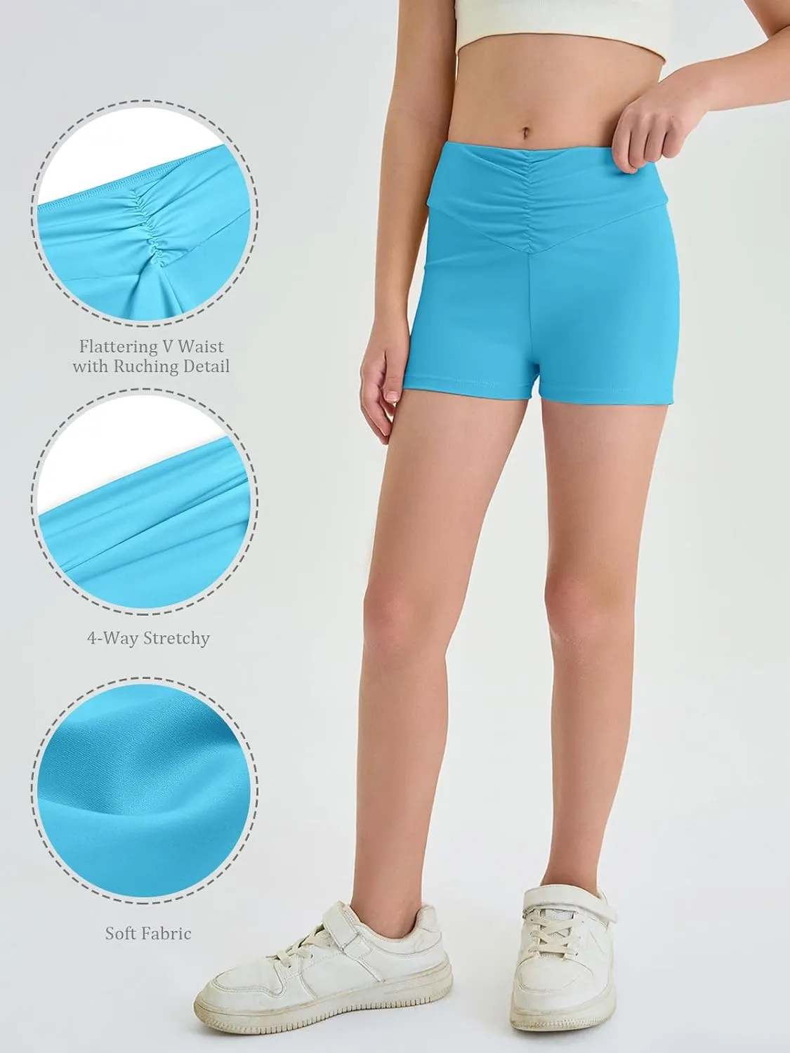 Haloumoning Girls Athletic Ruched V-Waist Shorts Kids Workout Yoga Dance Shorts Active Gymnastics Shorts