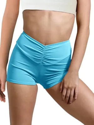 Haloumoning Girls Athletic Ruched V-Waist Shorts Kids Workout Yoga Dance Shorts Active Gymnastics Shorts