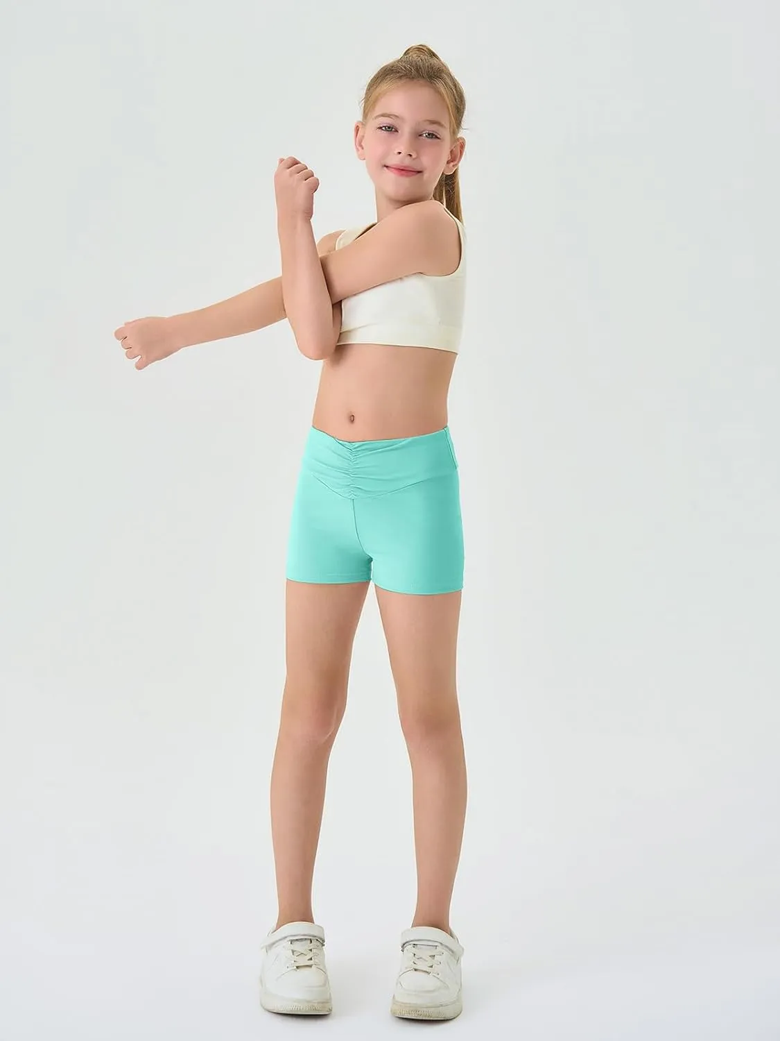 Haloumoning Girls Athletic Ruched V-Waist Shorts Kids Workout Yoga Dance Shorts Active Gymnastics Shorts
