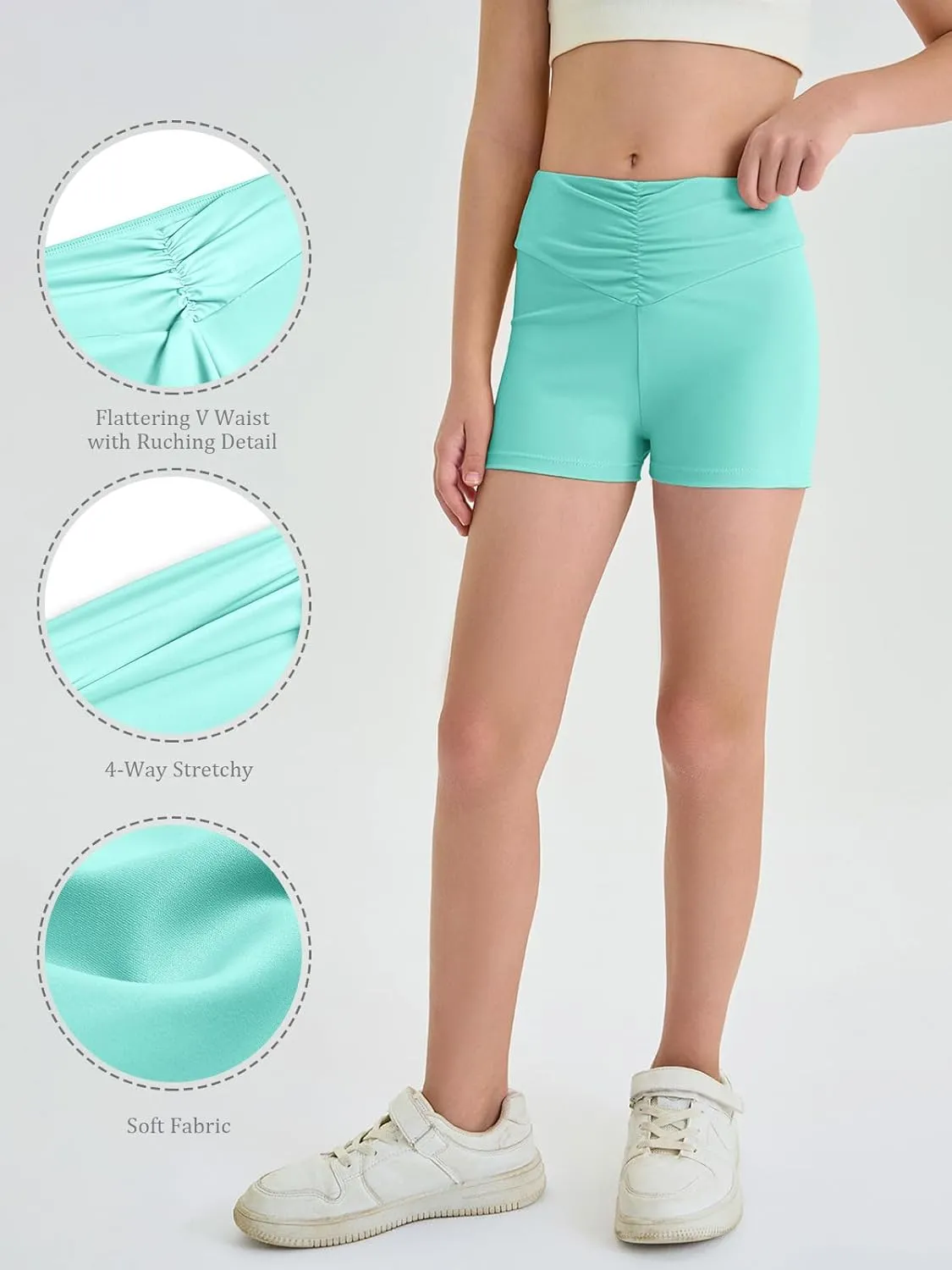 Haloumoning Girls Athletic Ruched V-Waist Shorts Kids Workout Yoga Dance Shorts Active Gymnastics Shorts