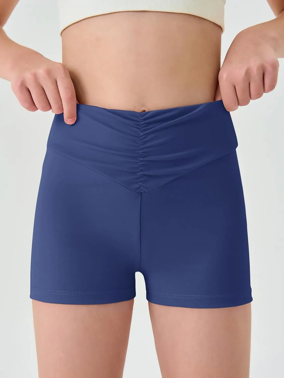 Haloumoning Girls Athletic Ruched V-Waist Shorts Kids Workout Yoga Dance Shorts Active Gymnastics Shorts