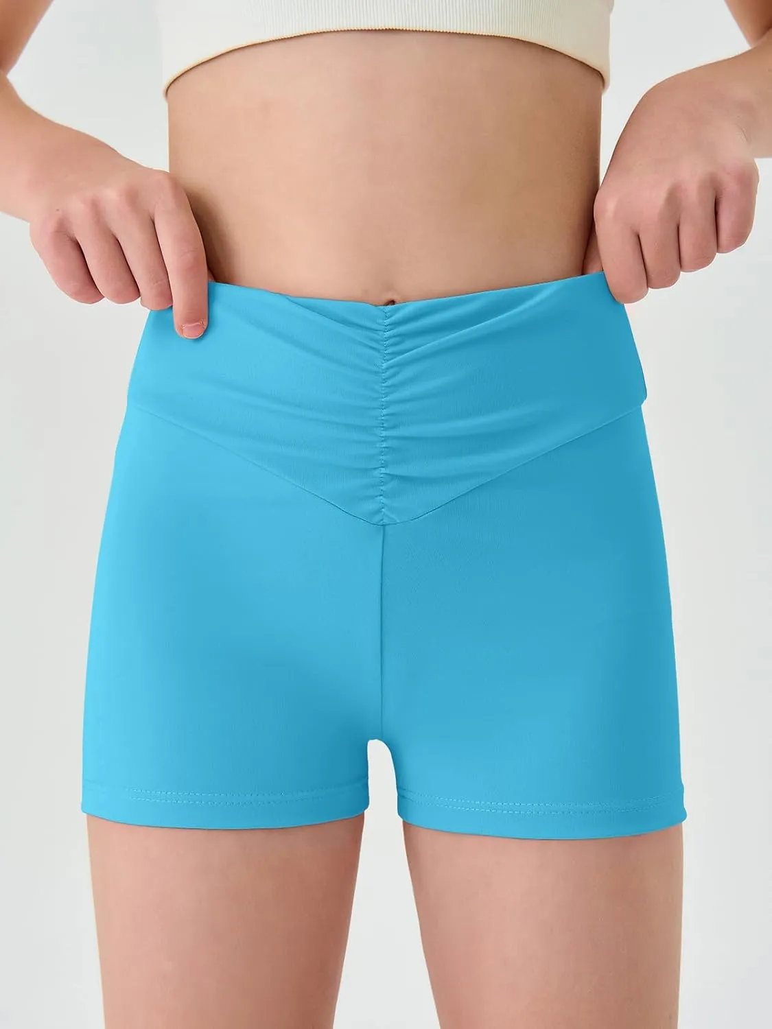 Haloumoning Girls Athletic Ruched V-Waist Shorts Kids Workout Yoga Dance Shorts Active Gymnastics Shorts