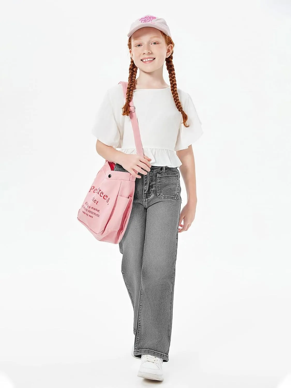 Haloumoning Girls High Waisted Jeans Straight Leg Stretch Demin Pants Cute Casual Trousers with Pockets