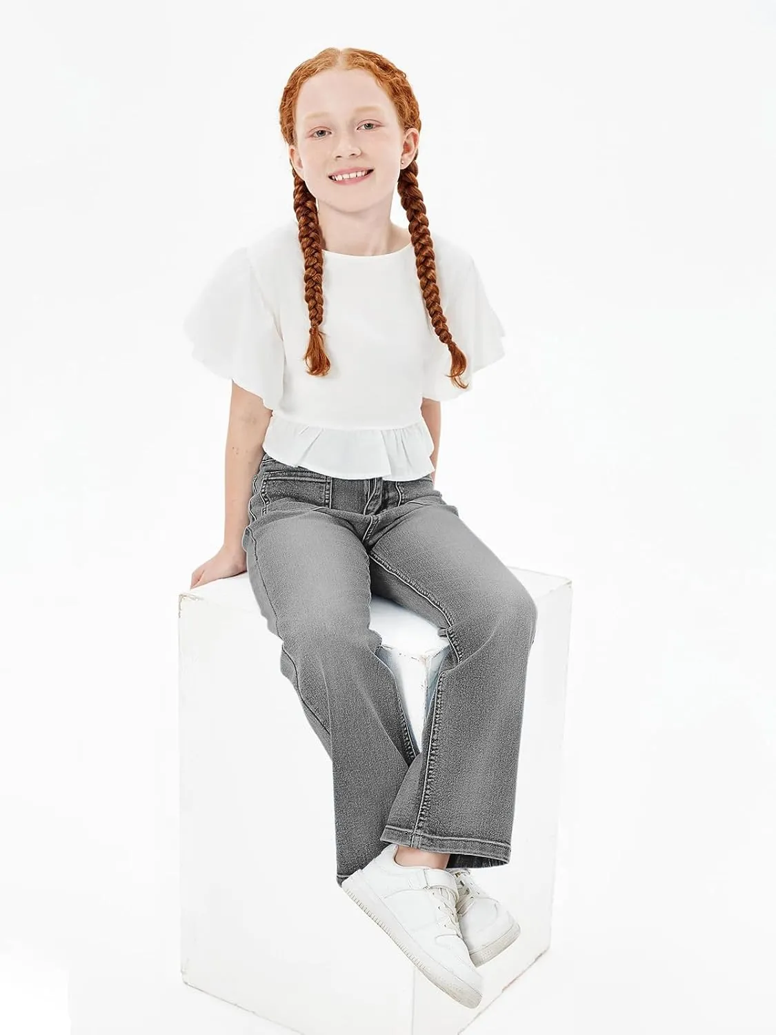 Haloumoning Girls High Waisted Jeans Straight Leg Stretch Demin Pants Cute Casual Trousers with Pockets
