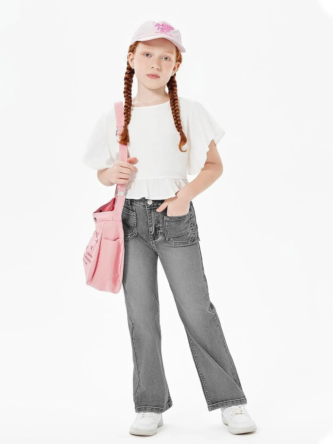 Haloumoning Girls High Waisted Jeans Straight Leg Stretch Demin Pants Cute Casual Trousers with Pockets