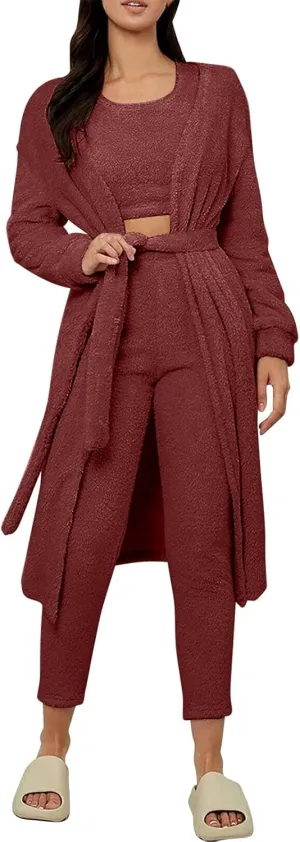 HGps8w 3 Piece Lounge Sets for Women Fuzzy Fleece Pajamas, Long Open Front Cardigan & Crop Tank Top & Long Pants Sleepwear