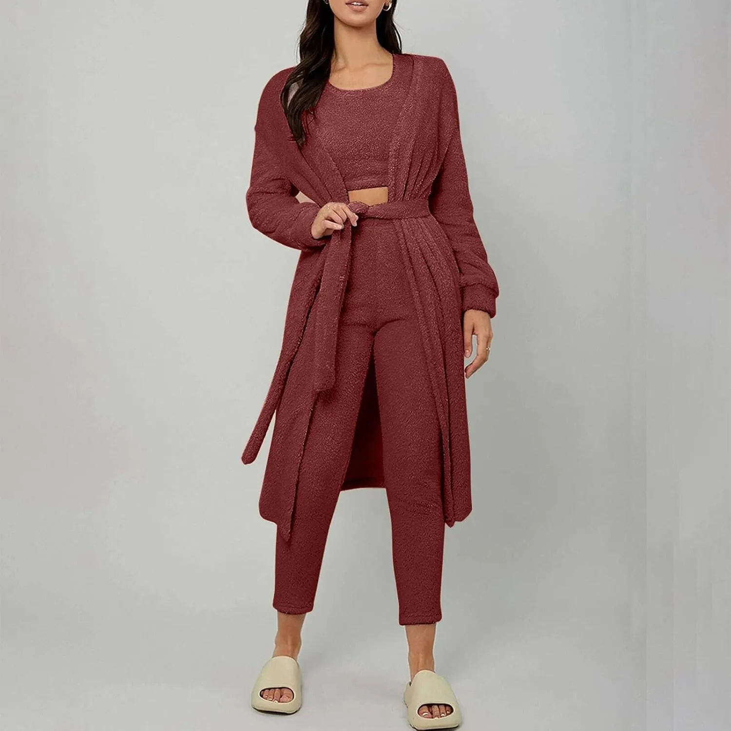HGps8w 3 Piece Lounge Sets for Women Fuzzy Fleece Pajamas, Long Open Front Cardigan & Crop Tank Top & Long Pants Sleepwear