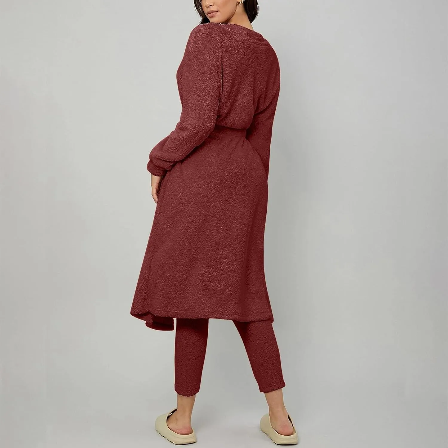 HGps8w 3 Piece Lounge Sets for Women Fuzzy Fleece Pajamas, Long Open Front Cardigan & Crop Tank Top & Long Pants Sleepwear