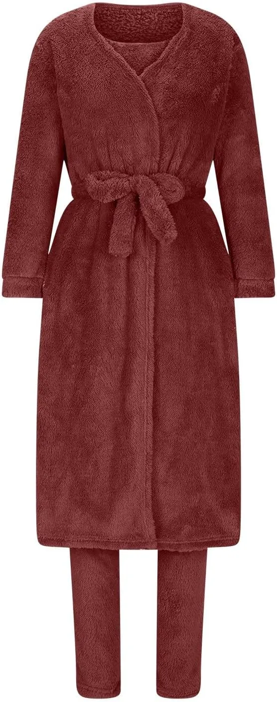 HGps8w 3 Piece Lounge Sets for Women Fuzzy Fleece Pajamas, Long Open Front Cardigan & Crop Tank Top & Long Pants Sleepwear
