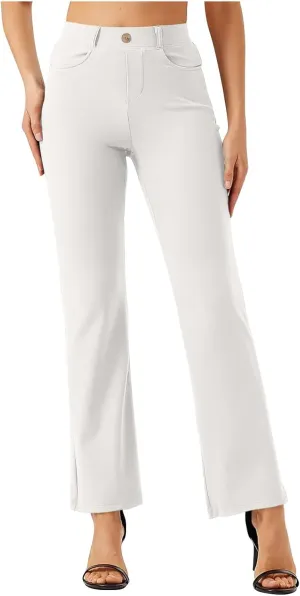 High Waist Work Pants for Women Casual Straight Leg Trousers Stretch Waist Basic Solid Color Office Dress Pants
