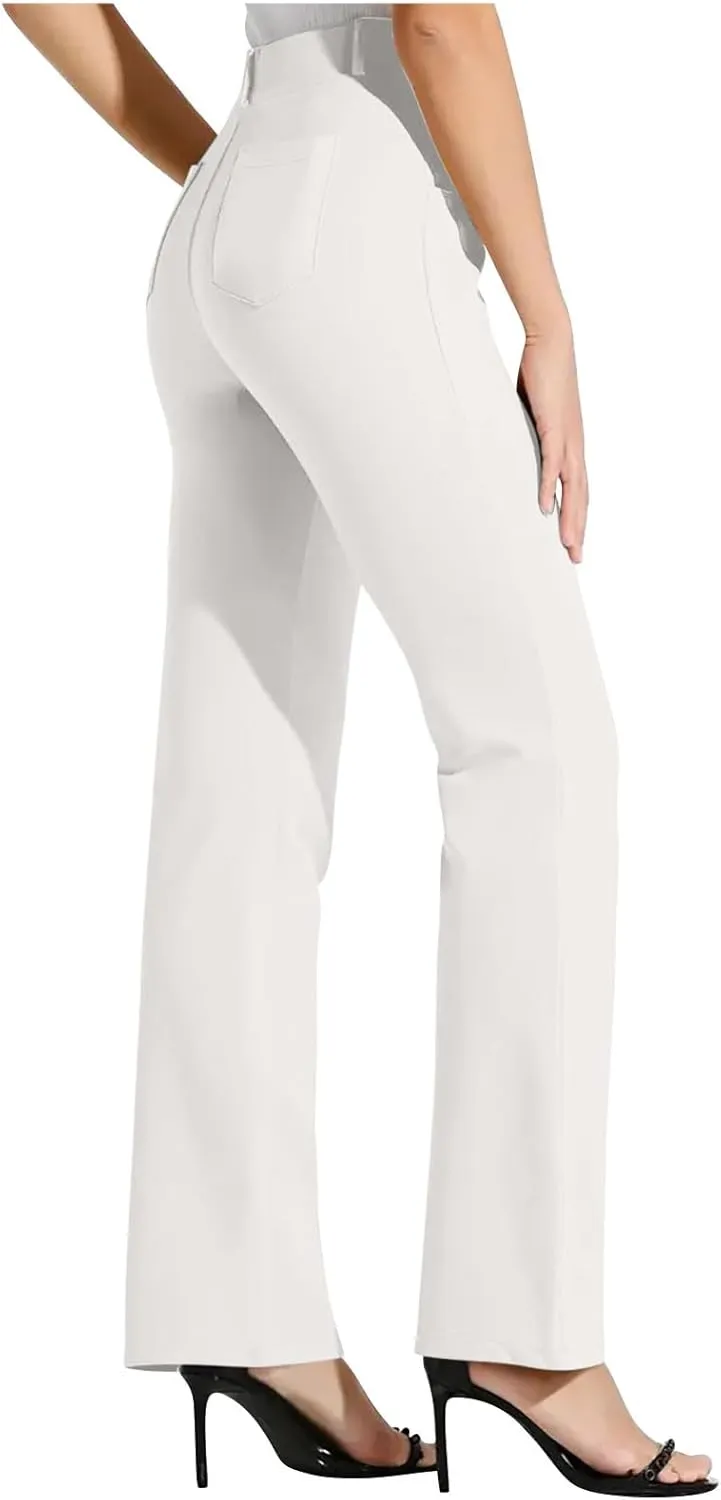 High Waist Work Pants for Women Casual Straight Leg Trousers Stretch Waist Basic Solid Color Office Dress Pants