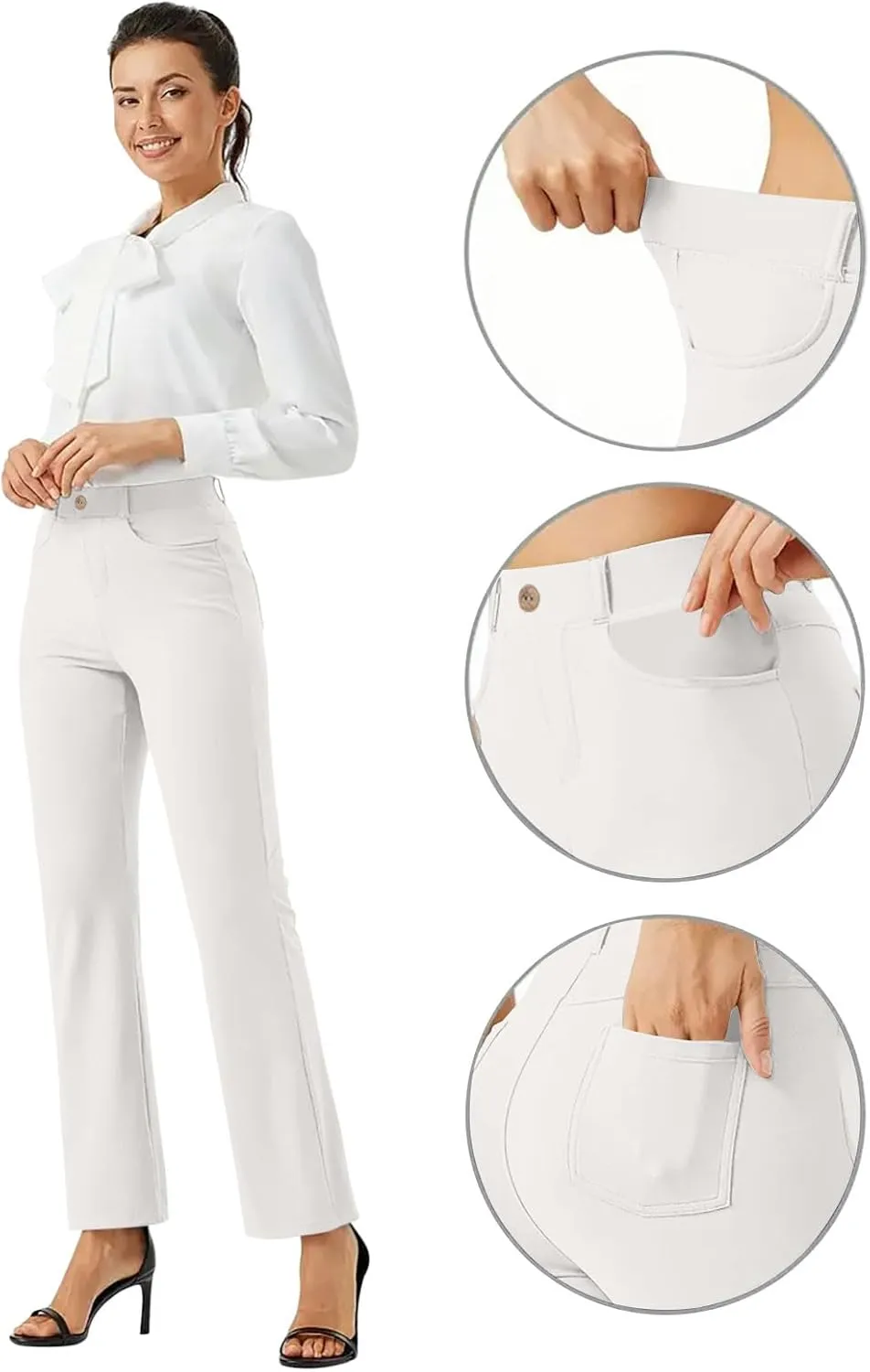 High Waist Work Pants for Women Casual Straight Leg Trousers Stretch Waist Basic Solid Color Office Dress Pants