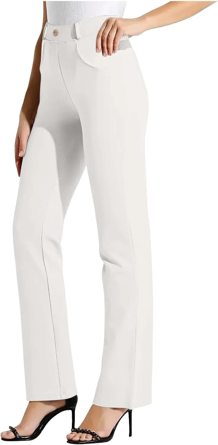 High Waist Work Pants for Women Casual Straight Leg Trousers Stretch Waist Basic Solid Color Office Dress Pants