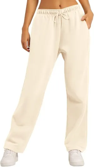 high Waisted Pants for Women Elastic Waist Straight Leg Sweatpants Pockets Solid Drawstring Comfy Loungewear Clothing