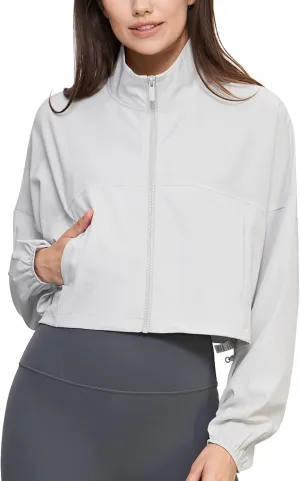 icyzone Women's Oversized Athletic Running Track Zip Up Cropped Jackets UPF 50 