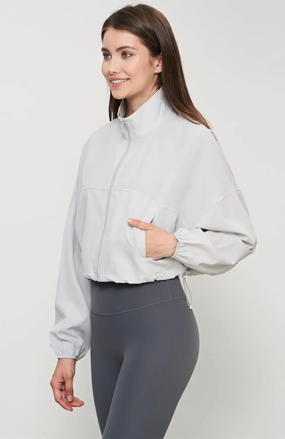 icyzone Women's Oversized Athletic Running Track Zip Up Cropped Jackets UPF 50 