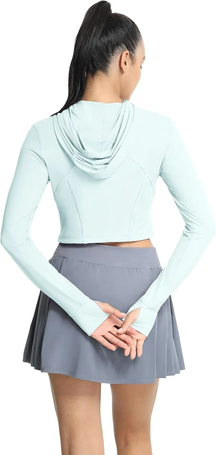 icyzone Women's UPF 50  Athletic Jackets, Lightweight Zip Up Cropped Long Sleeve Shirts with Thumb Holes