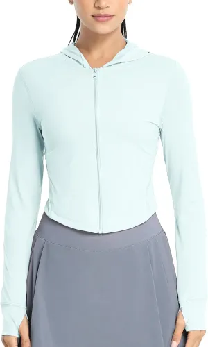 icyzone Women's UPF 50  Athletic Jackets, Lightweight Zip Up Cropped Long Sleeve Shirts with Thumb Holes