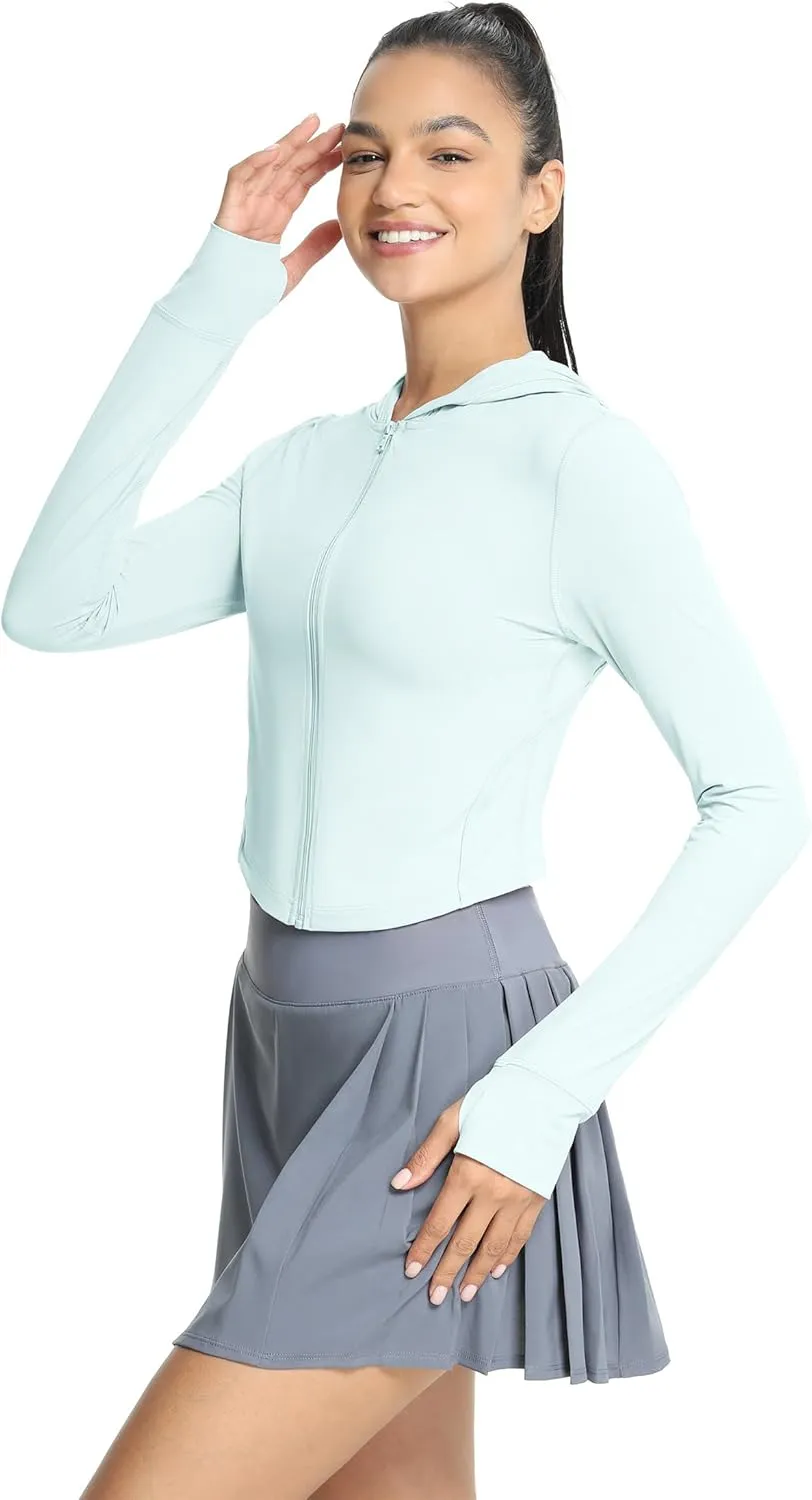 icyzone Women's UPF 50  Athletic Jackets, Lightweight Zip Up Cropped Long Sleeve Shirts with Thumb Holes