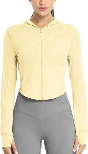 icyzone Women's UPF 50  Athletic Jackets, Lightweight Zip Up Cropped Long Sleeve Shirts with Thumb Holes