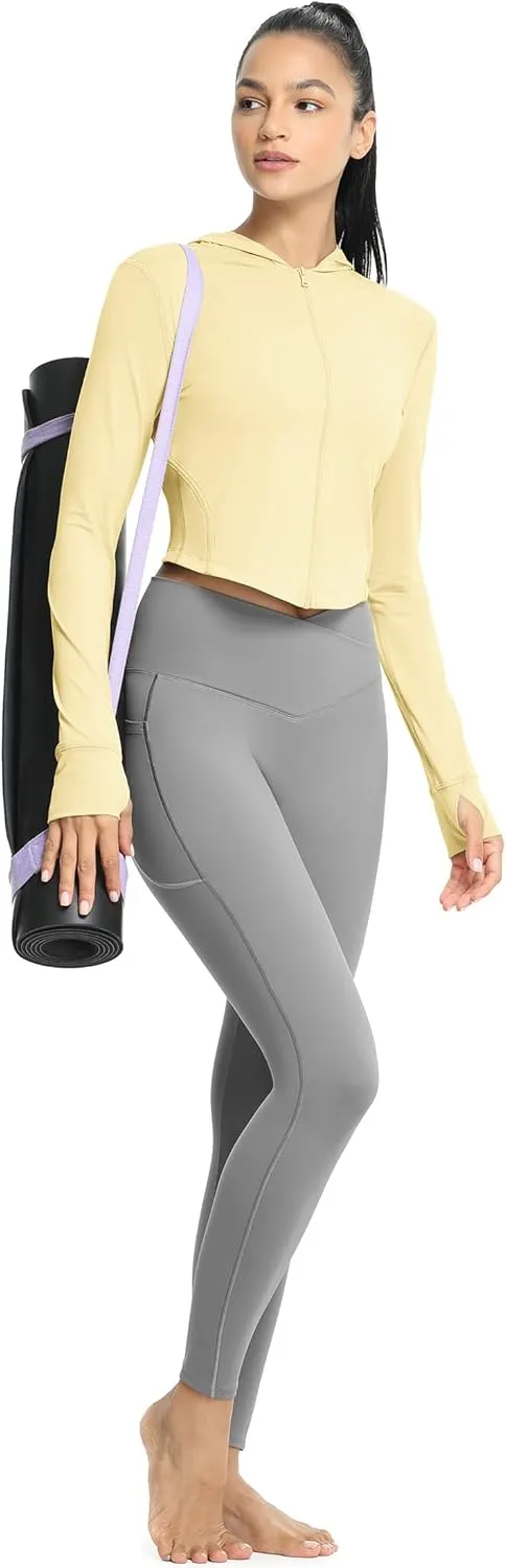 icyzone Women's UPF 50  Athletic Jackets, Lightweight Zip Up Cropped Long Sleeve Shirts with Thumb Holes