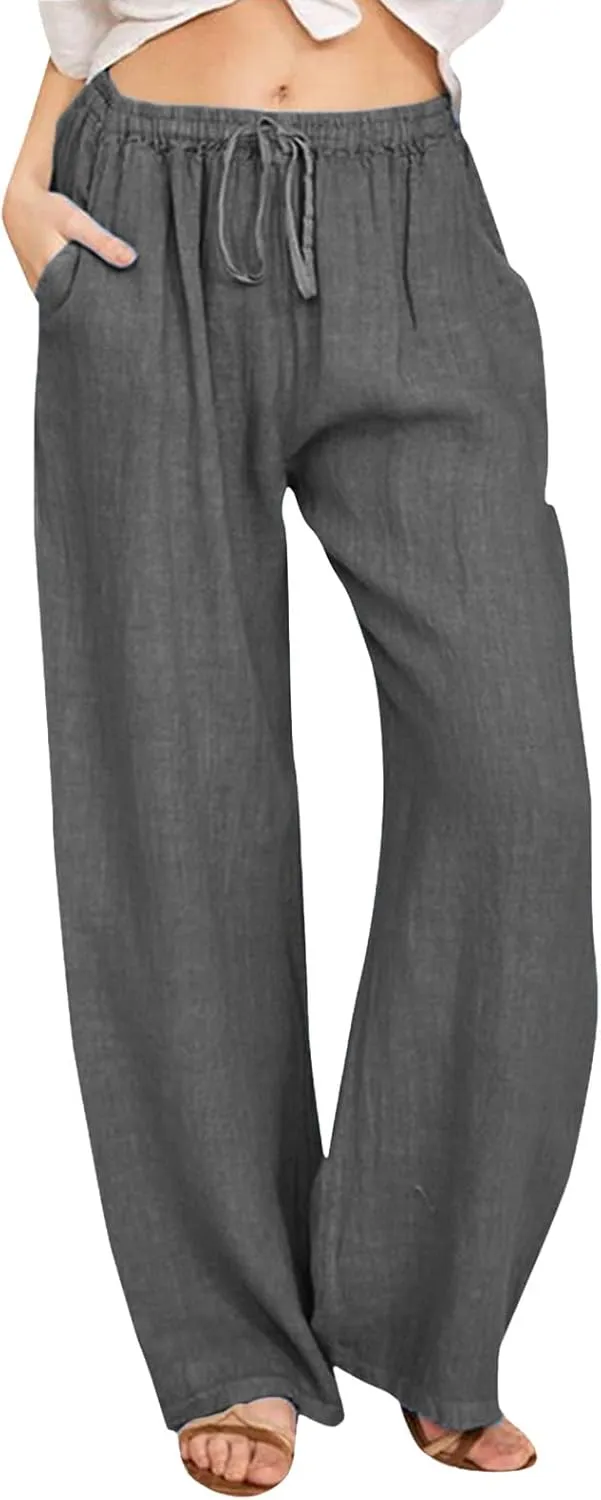 JiXiang Trousers for Women Trendy High Waisted Wide Leg Loose Drawstring Elastic Comfort Straight Long Pants with Pockets