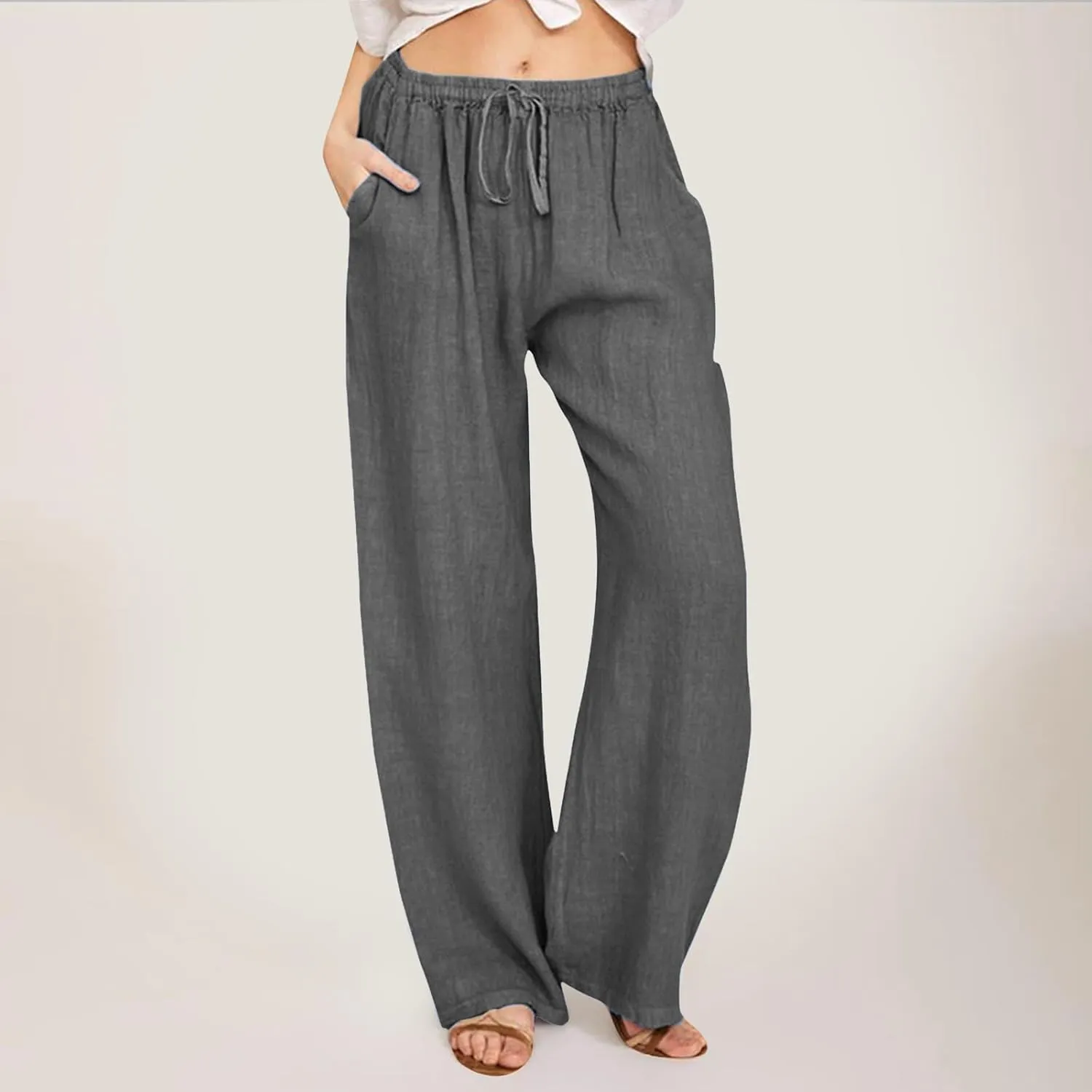 JiXiang Trousers for Women Trendy High Waisted Wide Leg Loose Drawstring Elastic Comfort Straight Long Pants with Pockets