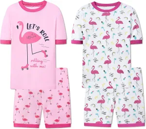 Joyond Girls Pure Cotton Summer Pjs Size 2T-14Years, Little Girls Short Sleeve 4-Piece Sleepwear Kids Toddler Pajamas Set