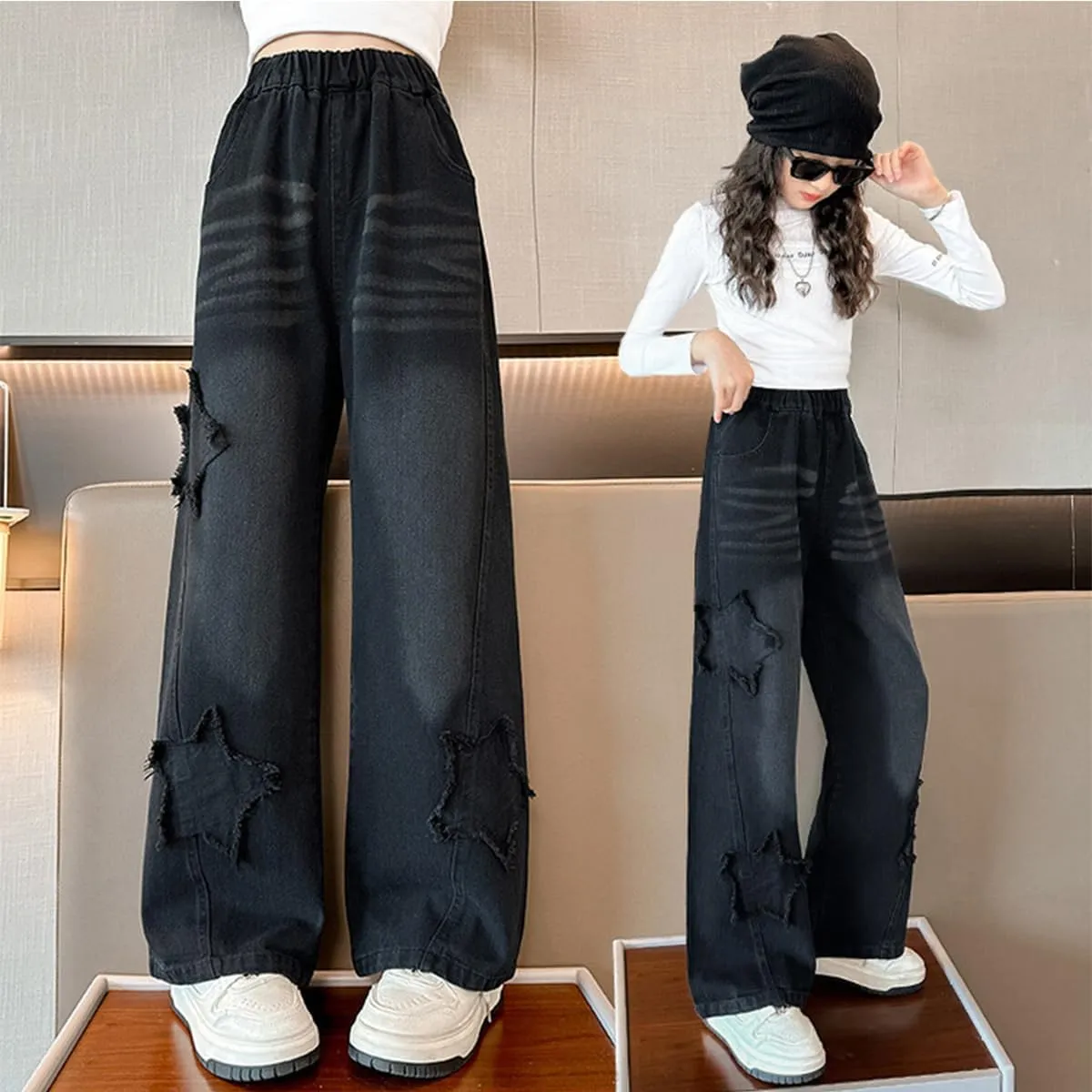 Kids Girls Jeans Washed Elastic Waist Baggy Wide Leg Jeans Size 4-14 Years