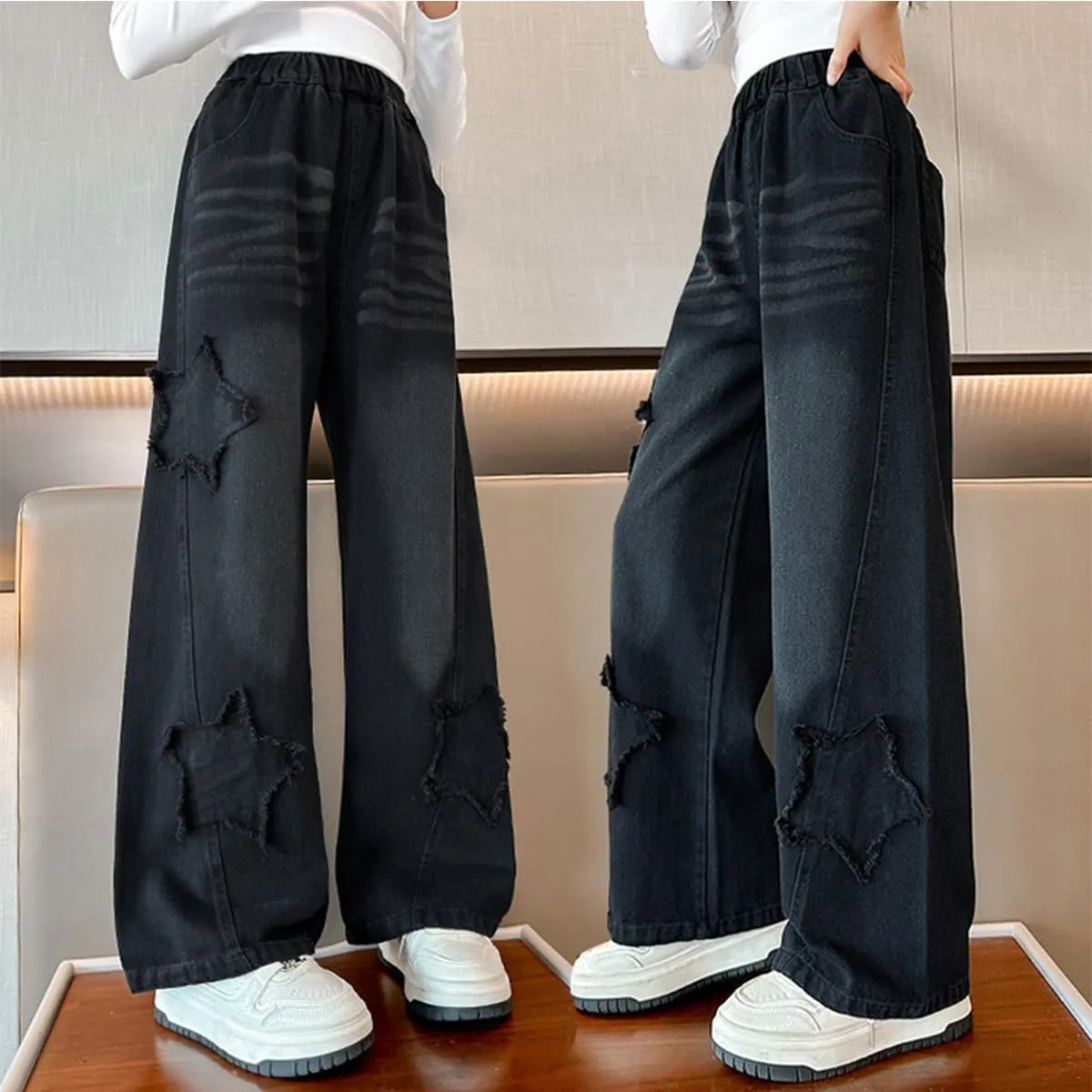 Kids Girls Jeans Washed Elastic Waist Baggy Wide Leg Jeans Size 4-14 Years