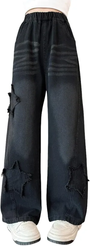 Kids Girls Jeans Washed Elastic Waist Baggy Wide Leg Jeans Size 4-14 Years