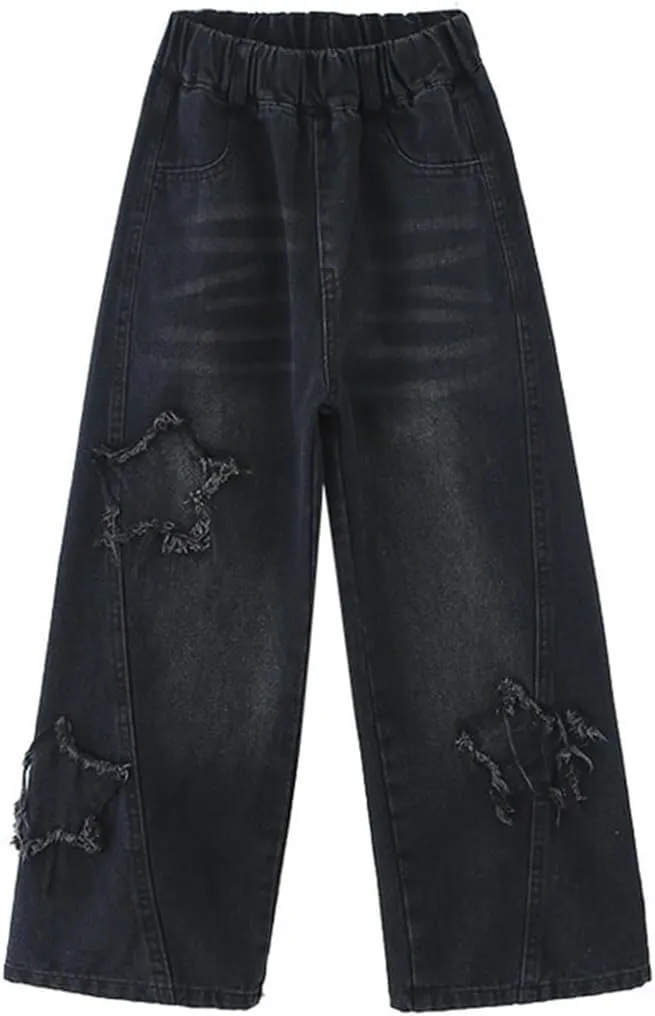 Kids Girls Jeans Washed Elastic Waist Baggy Wide Leg Jeans Size 4-14 Years