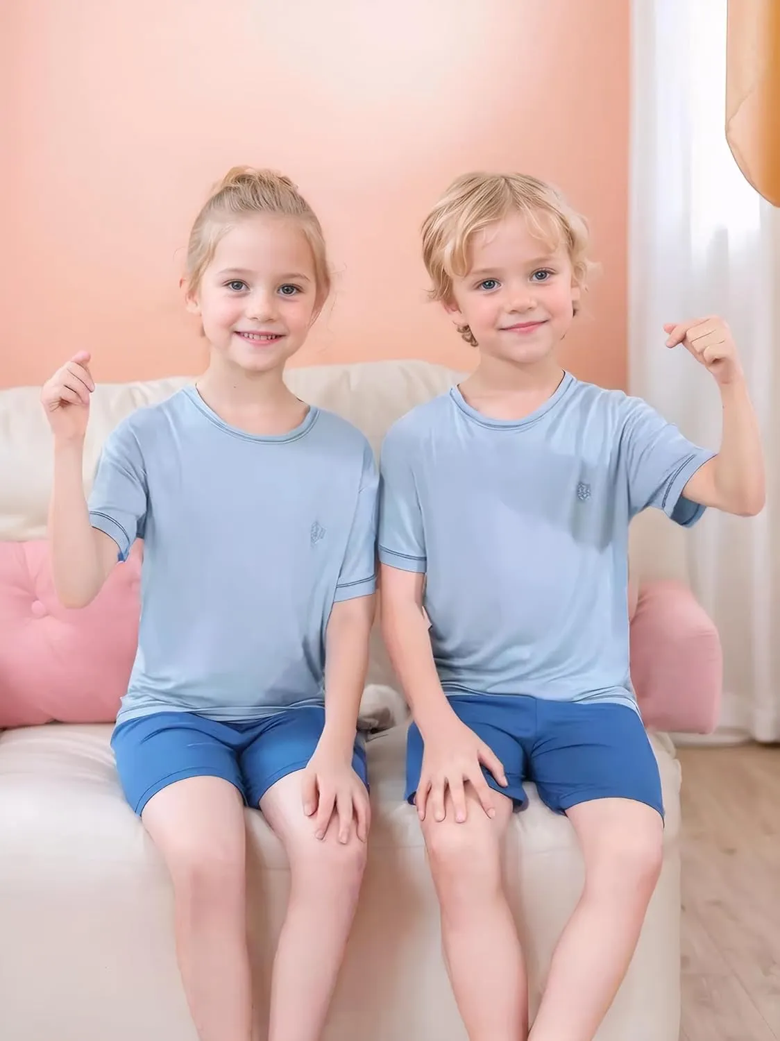 Kids Short Sleeve Pajama Set Viscose Boys Girls 2pcs Pj's Sleepwear Set for 2-14 Years