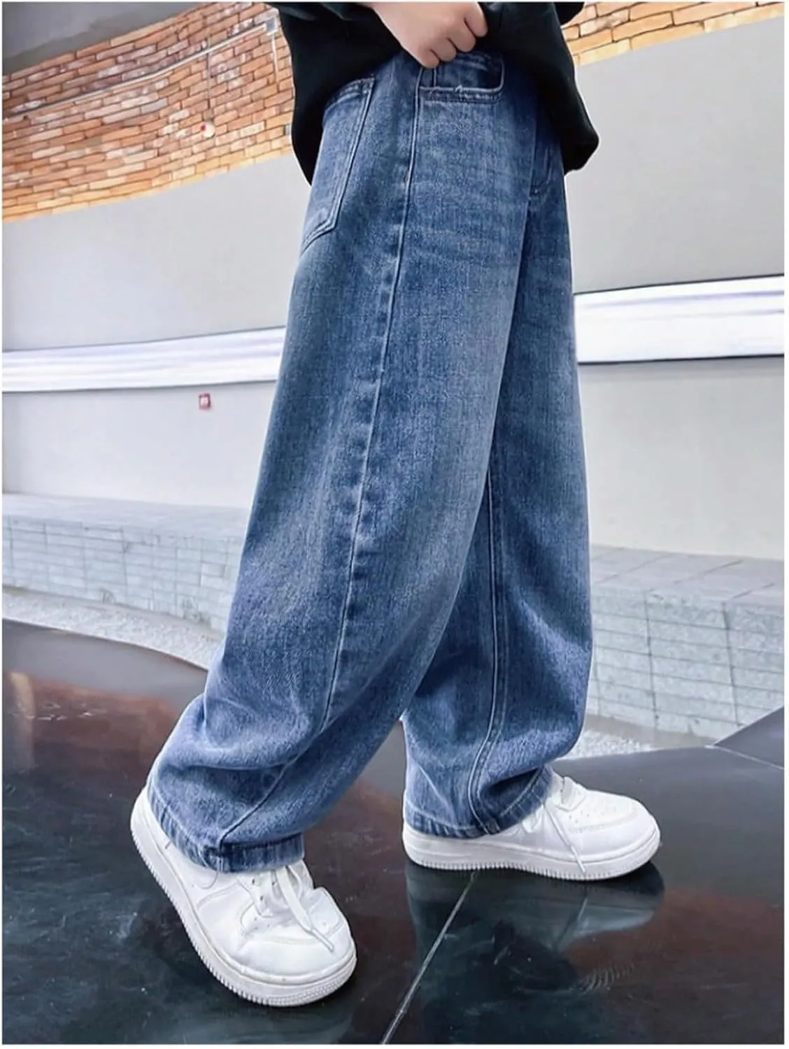 Kids Teen Boys Baggy Jeans Casual Straight Wide Leg Jeans Y2K Loose Elastic Waist Denim Pants Trousers with Pockets
