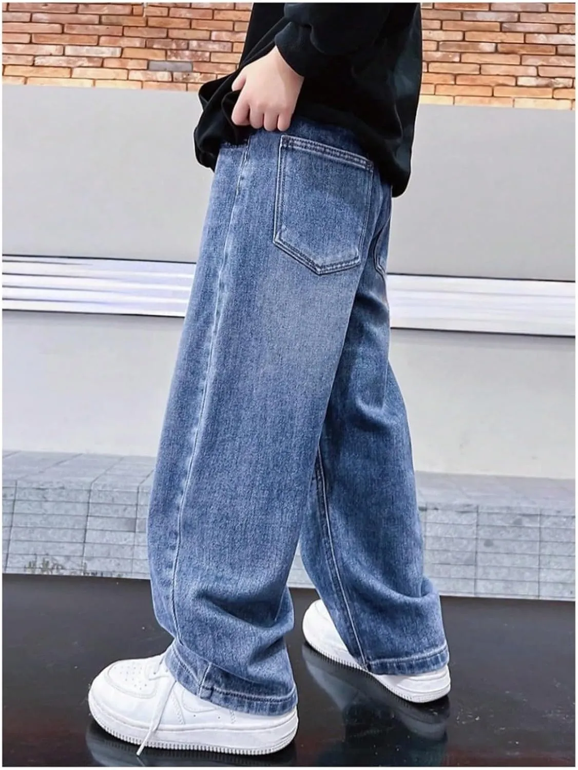 Kids Teen Boys Baggy Jeans Casual Straight Wide Leg Jeans Y2K Loose Elastic Waist Denim Pants Trousers with Pockets
