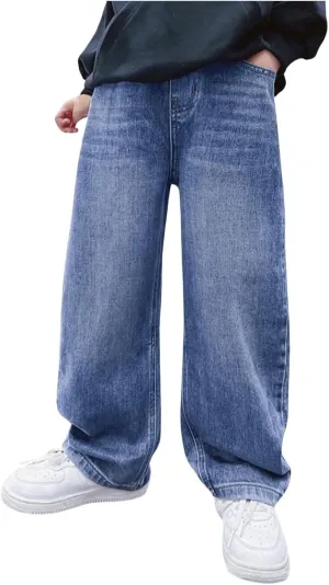 Kids Teen Boys Baggy Jeans Casual Straight Wide Leg Jeans Y2K Loose Elastic Waist Denim Pants Trousers with Pockets