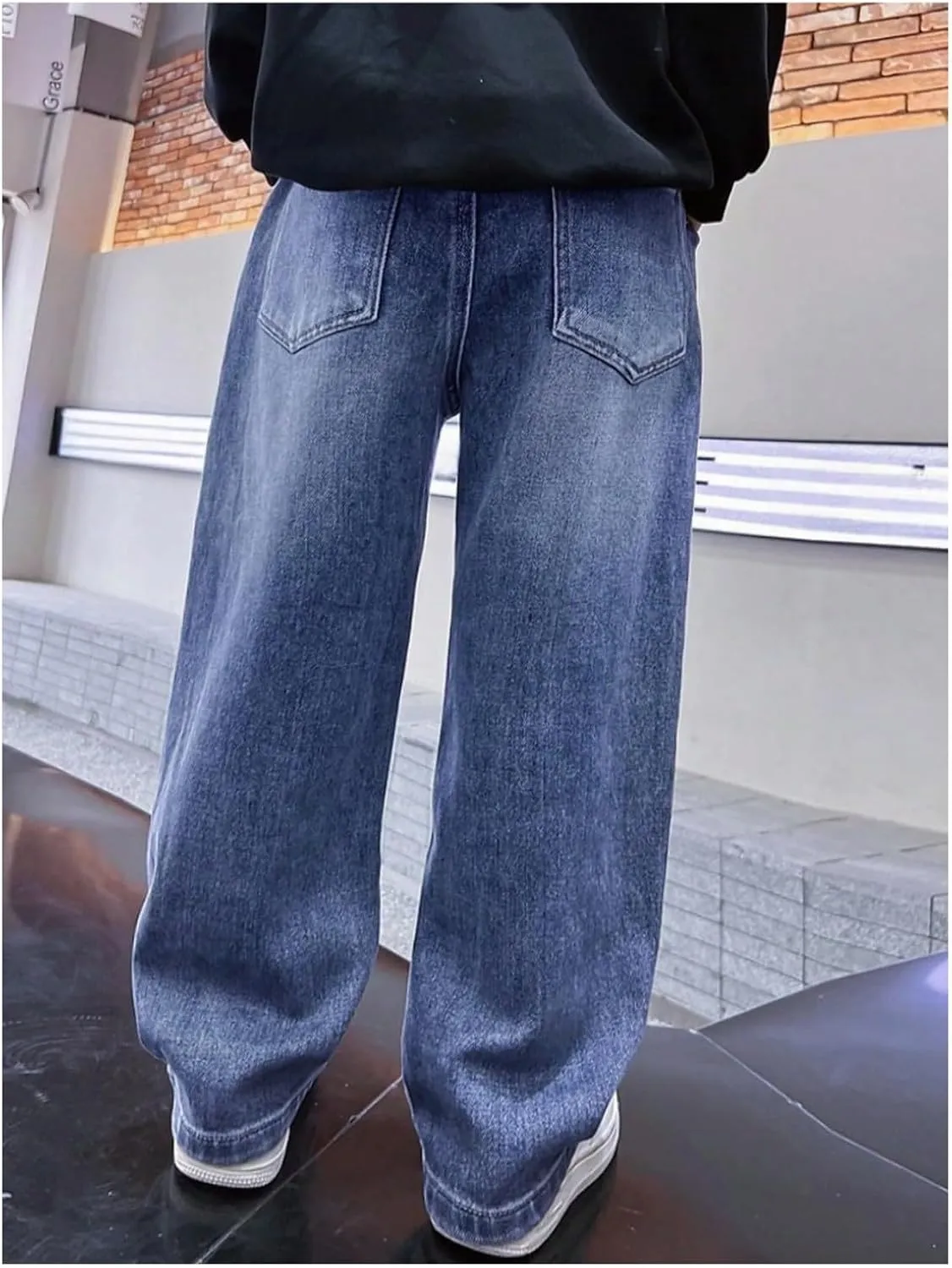 Kids Teen Boys Baggy Jeans Casual Straight Wide Leg Jeans Y2K Loose Elastic Waist Denim Pants Trousers with Pockets