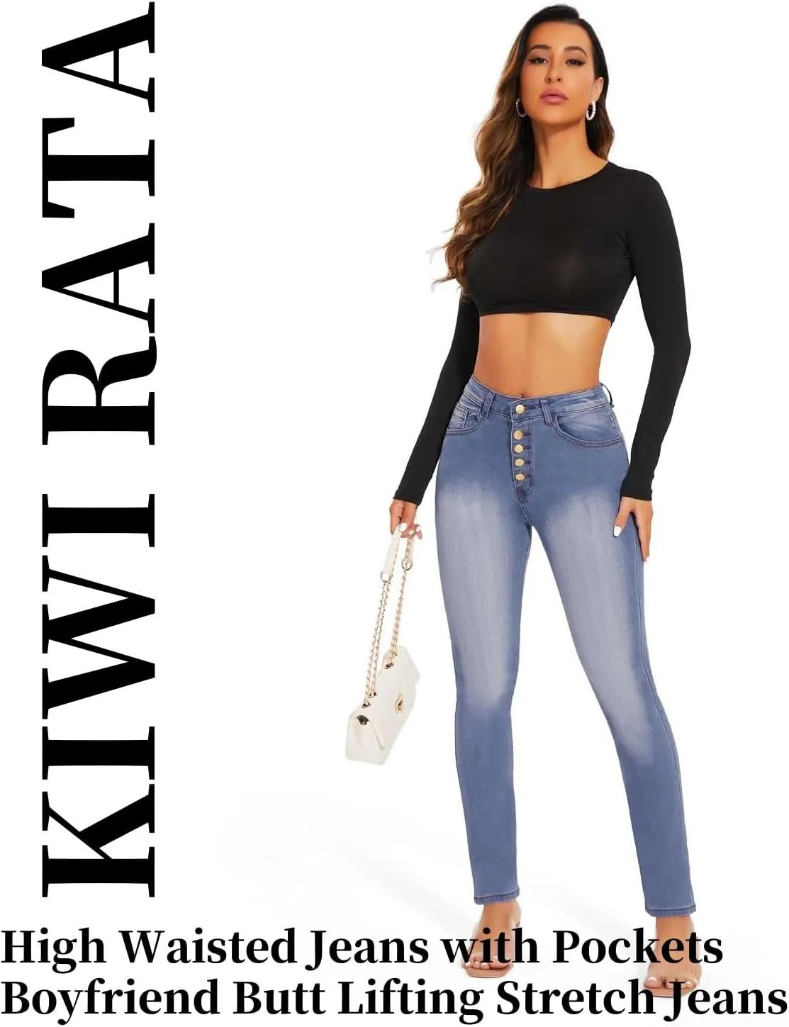 KIWI RATA High Waisted Jeans with Pockets, Boyfriend Butt Lifting Stretch Jeans, Casual Denim Skinny Y2K 90s Pants