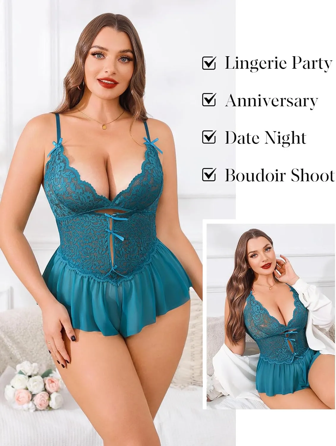 Kolagri Plus Size Lingerie for Women Sexy Lace Bodysuit V Neck Teddy Babydoll Mesh Chemise Sleepwear