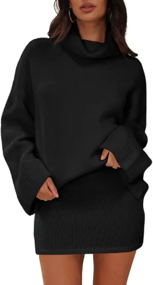 Langwyqu Womens 2 Piece Outfits Sweater Sets Turtleneck Oversized Sweaters and Mini Skirts Fall Trendy Loungewear