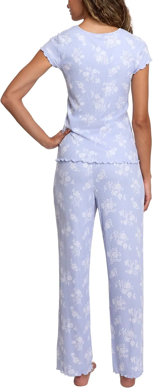 Laura Ashley Women's Pajamas 2 Piece Ribbed Knit Short Sleeve Henley Top and Pants PJ Set
