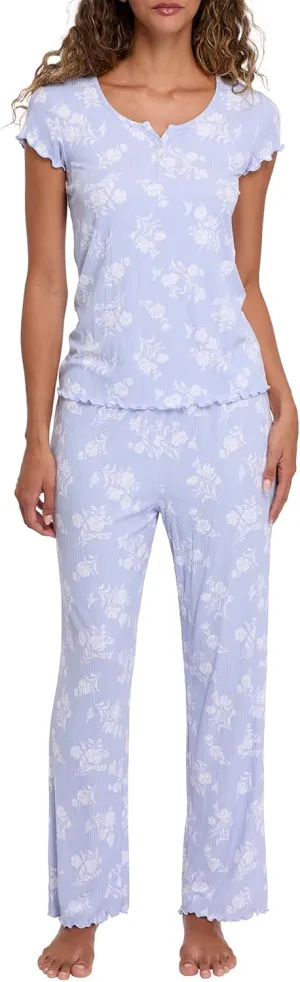 Laura Ashley Women's Pajamas 2 Piece Ribbed Knit Short Sleeve Henley Top and Pants PJ Set
