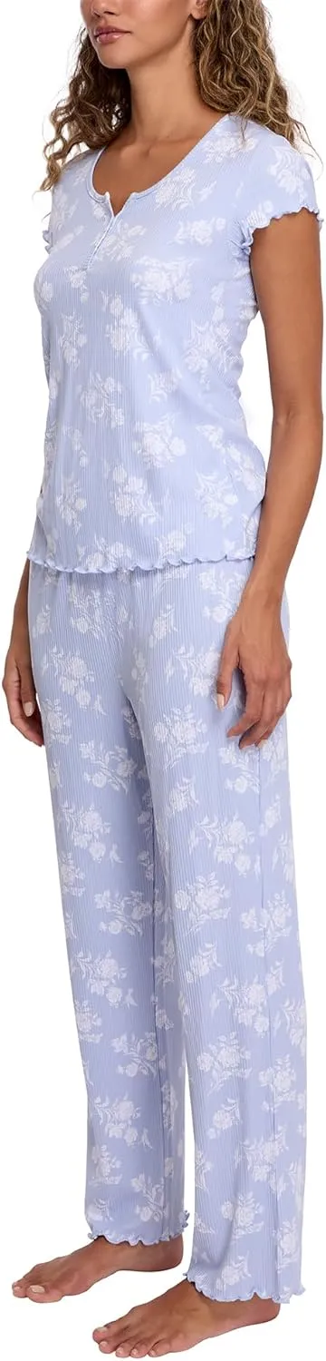Laura Ashley Women's Pajamas 2 Piece Ribbed Knit Short Sleeve Henley Top and Pants PJ Set