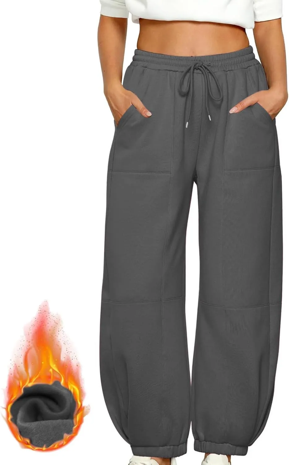 lcziwo Womens Fleece Lined Pants Baggy Wide Straight Leg Pants High Waisted Athletic Jogger Pants Drawstring Loungewear