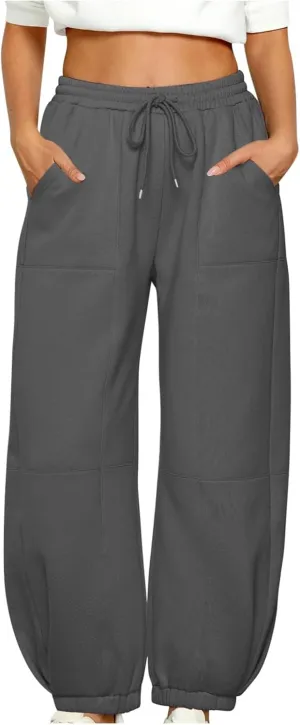 lcziwo Womens Fleece Lined Pants Baggy Wide Straight Leg Pants High Waisted Athletic Jogger Pants Drawstring Loungewear