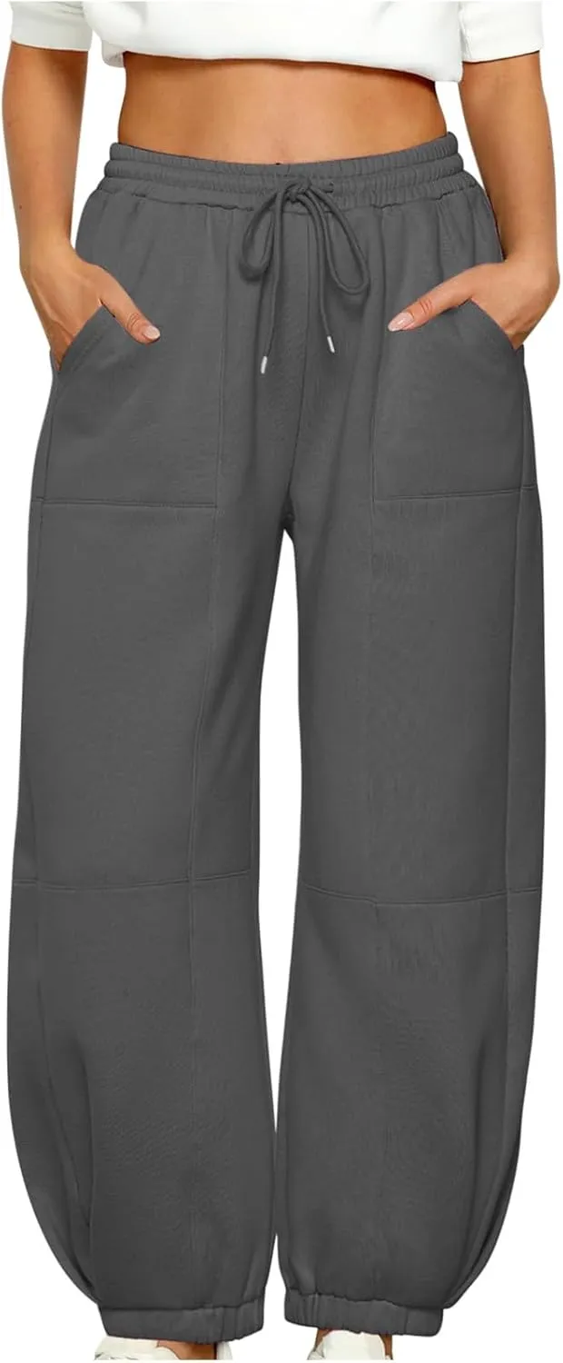 lcziwo Womens Fleece Lined Pants Baggy Wide Straight Leg Pants High Waisted Athletic Jogger Pants Drawstring Loungewear