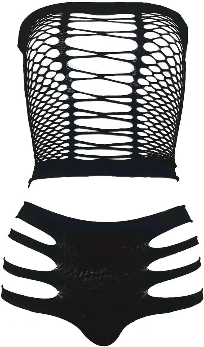LEMON GIRL Women's Lingerie Fishnet BabyDoll Bodysuit Mini Dress Set One Size