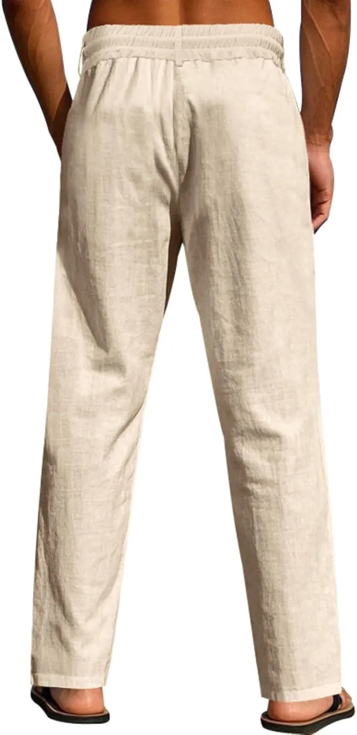 Linen Pants Men Drawstring Casual Loose Fit Summer Beach Outfit Lightweight Straight Leg Trousers Moisture Wicking Plain